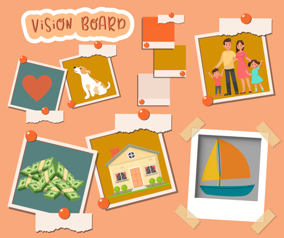 A vision board made up of collected images of family, a boat, a dog, a house, a pile of cash, and more