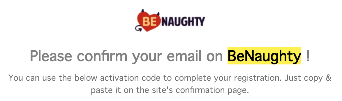 'Please confirm your email' automated text for the adult dating site BeNaughty.