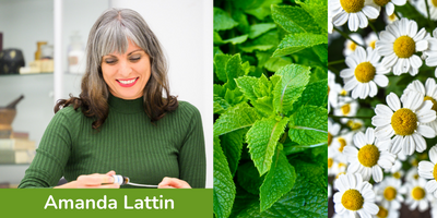 Amanda Lattin with peppermint leaves and chamomile flowers