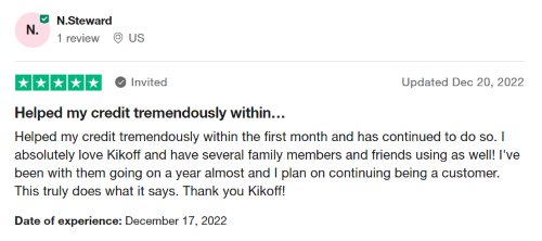 A five-star Kikoff review from someone who loves using the service. 