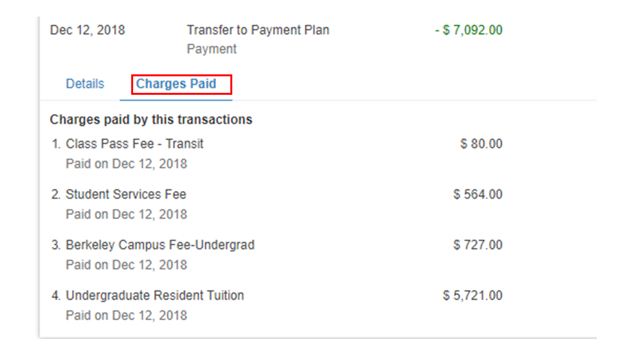 View of charges paid tab emphasized with red box highlight.