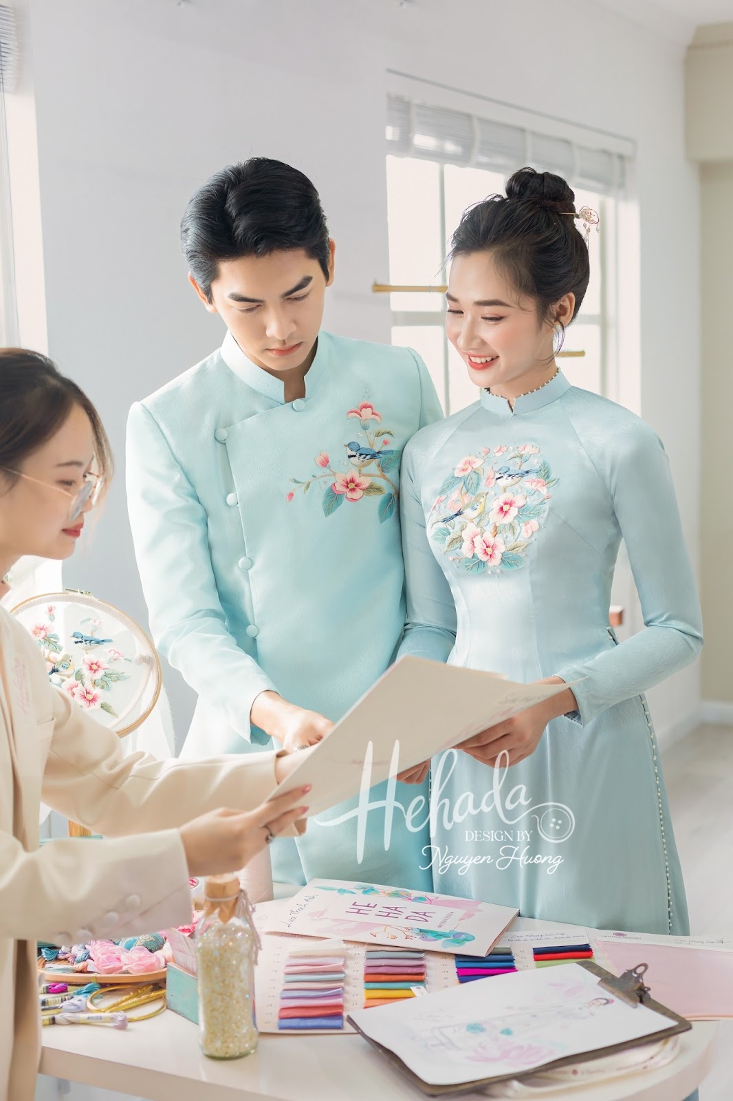 Couple áo dài cô dâu chú rể LoveBird Blue
