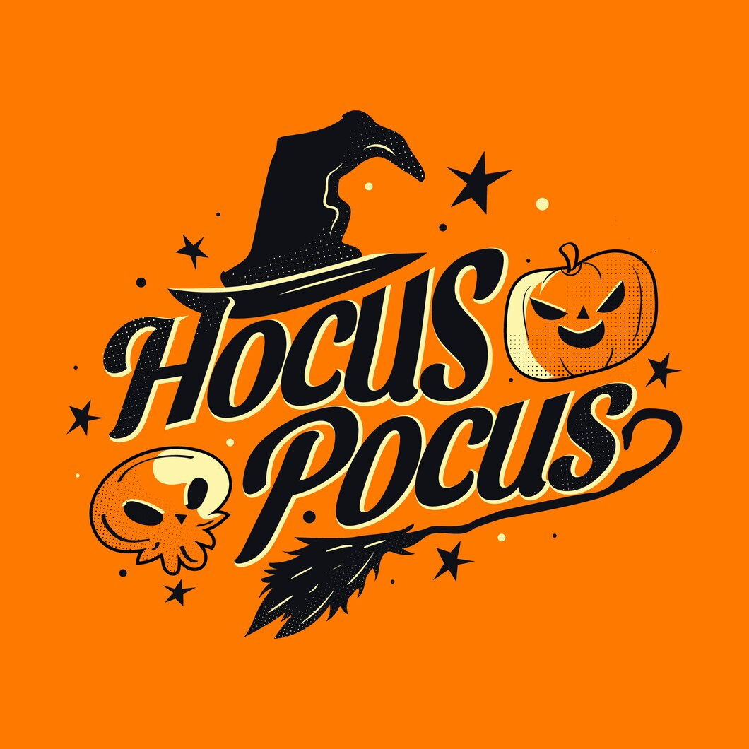 Hocus Pocus title featuring a witch hat and a magic broom.