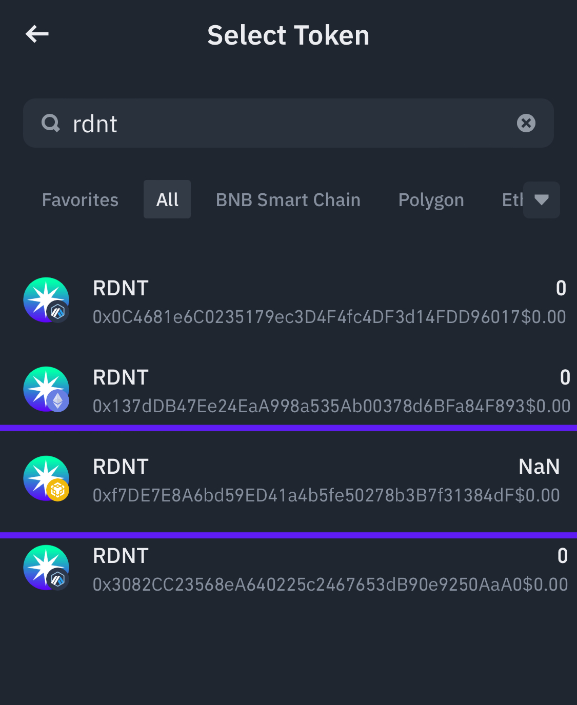 Chọn token RDNT trên mạng Binance Smart Chain