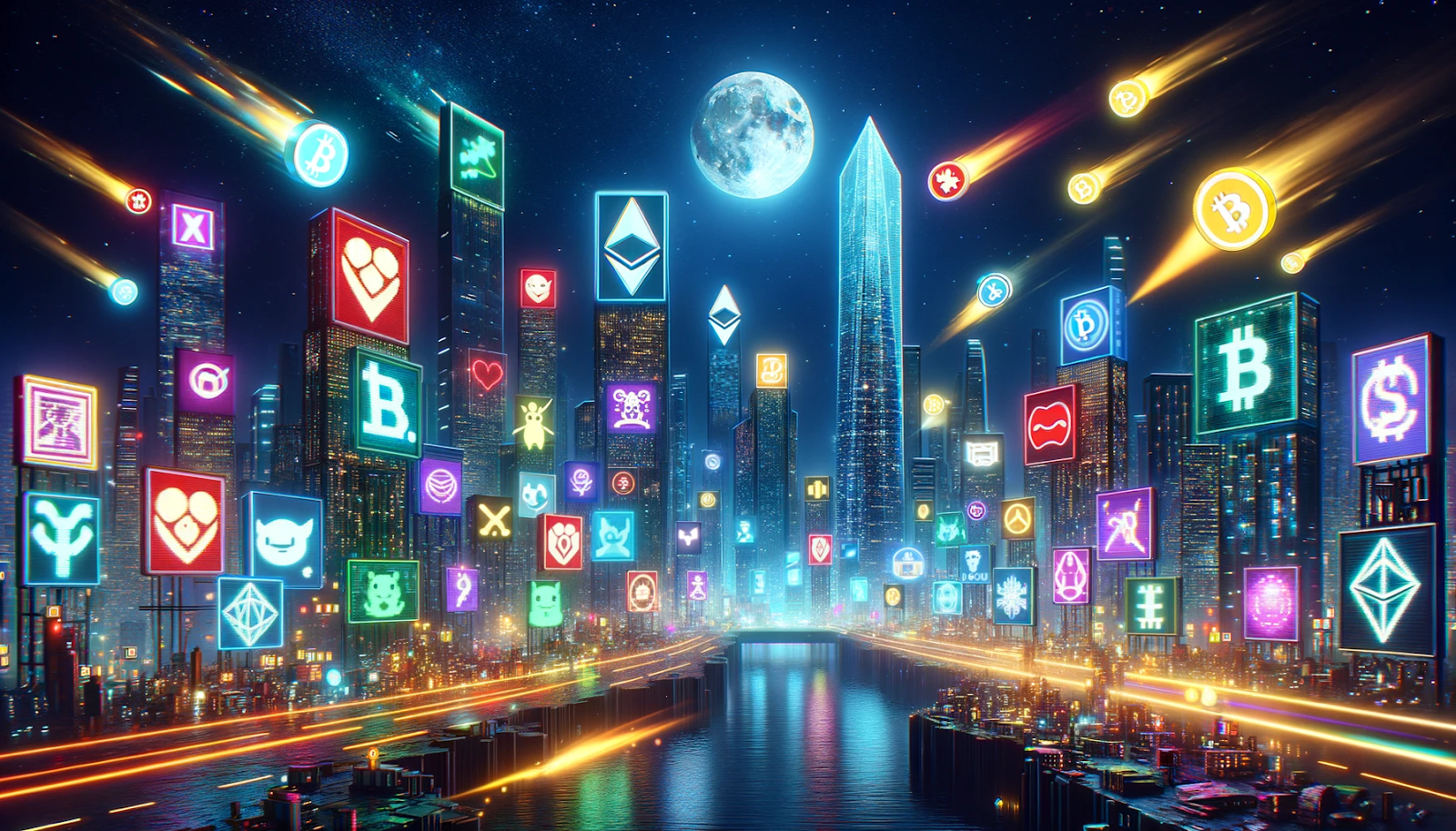 crypto symbols cityscape