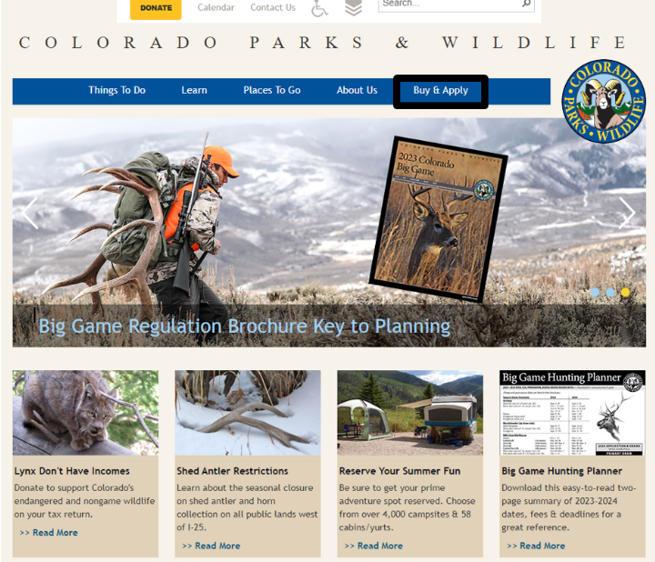 Colorado Parks and Wildlife website homepage showing the "Buy and Apply" button in the upper right-hand corner of the screen in the blue navigation bar. 