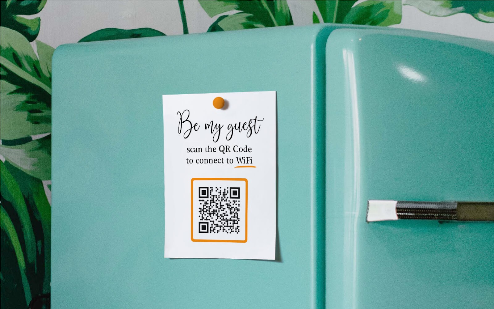 QR Code on a fridge inviting guests to connect to wifi