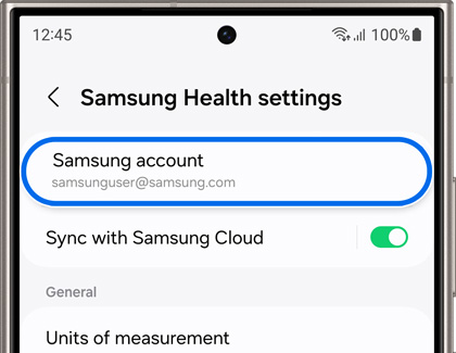 Samsung account highlighted in Samsung Health settings