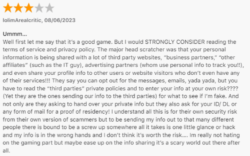 A 3-star Bingo Tour review from a player who doesn't like that their data is being shared with various third parties. 