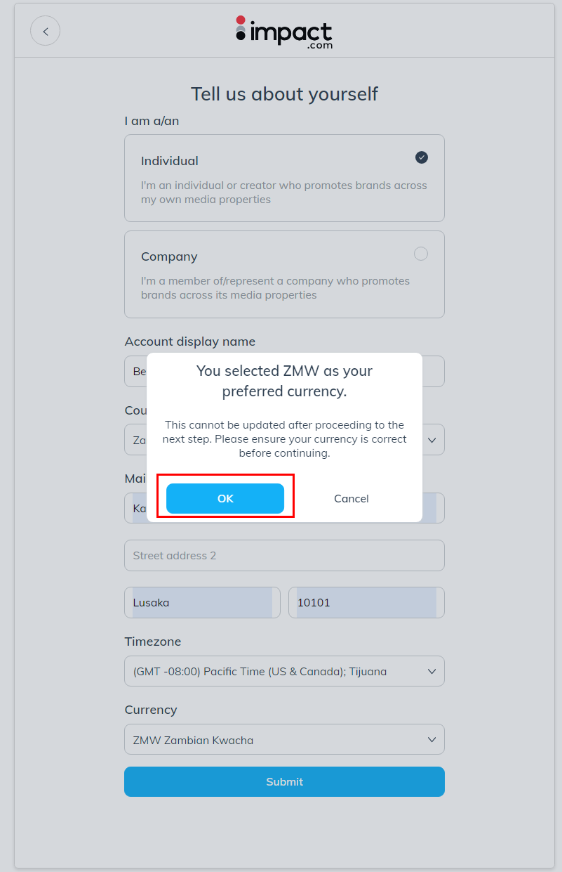 Impact radius sign up page step 7