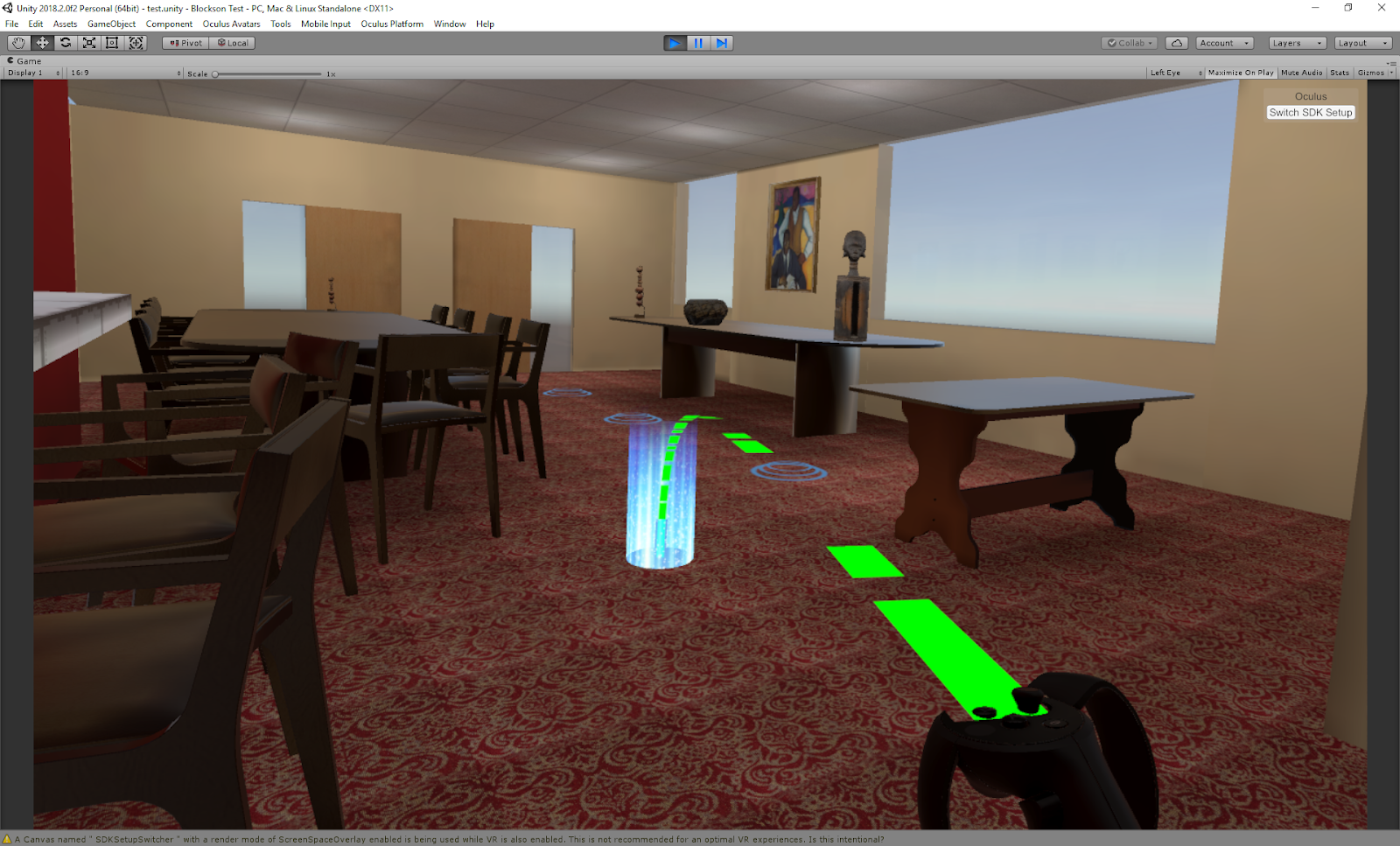 Screenshot of Virtual Blockson room in Unity. A VR Controller shows a path and point for the user to teleport to.