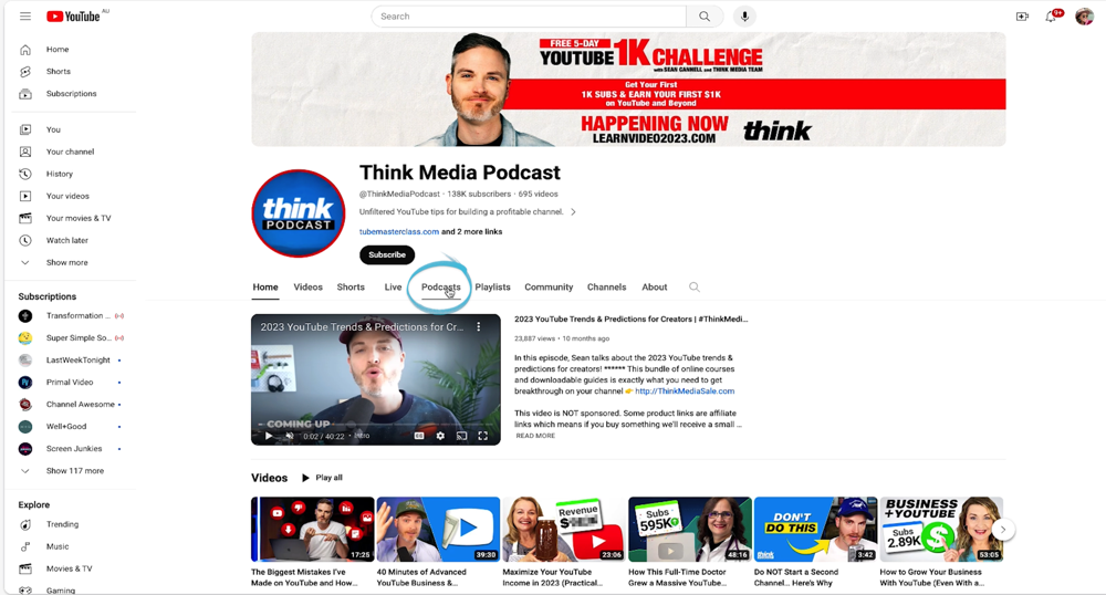 Podcasts tab in Think Media's podcast channel
