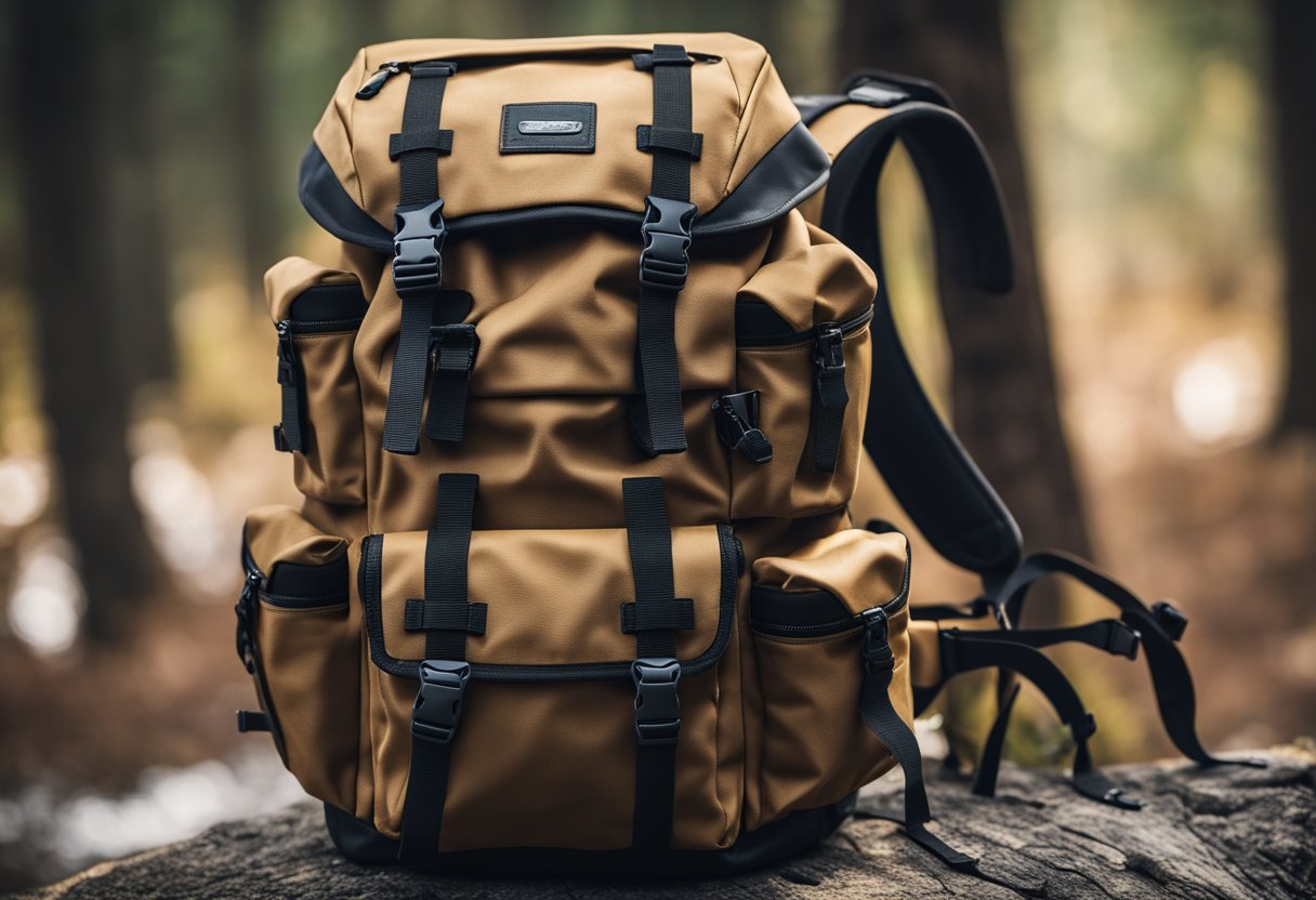 A rugged backpack made of durable, weather-resistant material, with reinforced stitching and heavy-duty zippers, ready for outdoor adventures