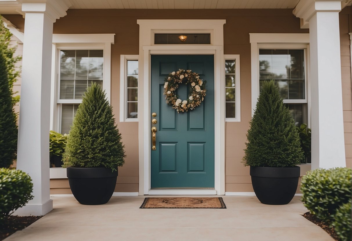 A clutter-free home with neutral decor, well-lit rooms, and clean surfaces. A welcoming exterior with trimmed landscaping and a freshly painted front door