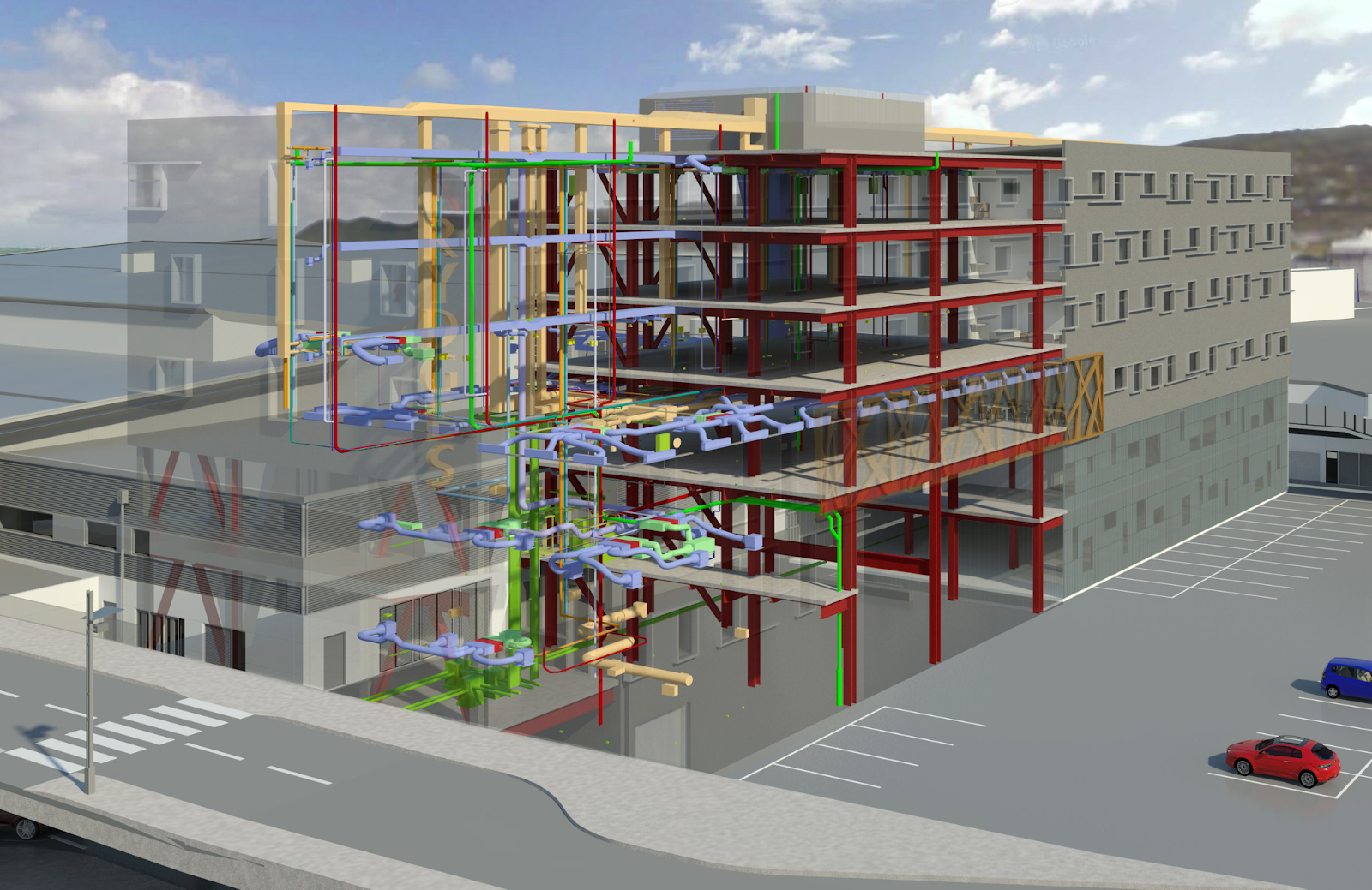 A 3D structure of a building.