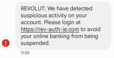 Example of a phishing text that supposedly comes from Revolut