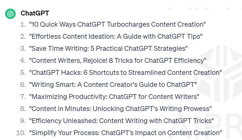 Image of ChatGPT result for writing blog post titles.