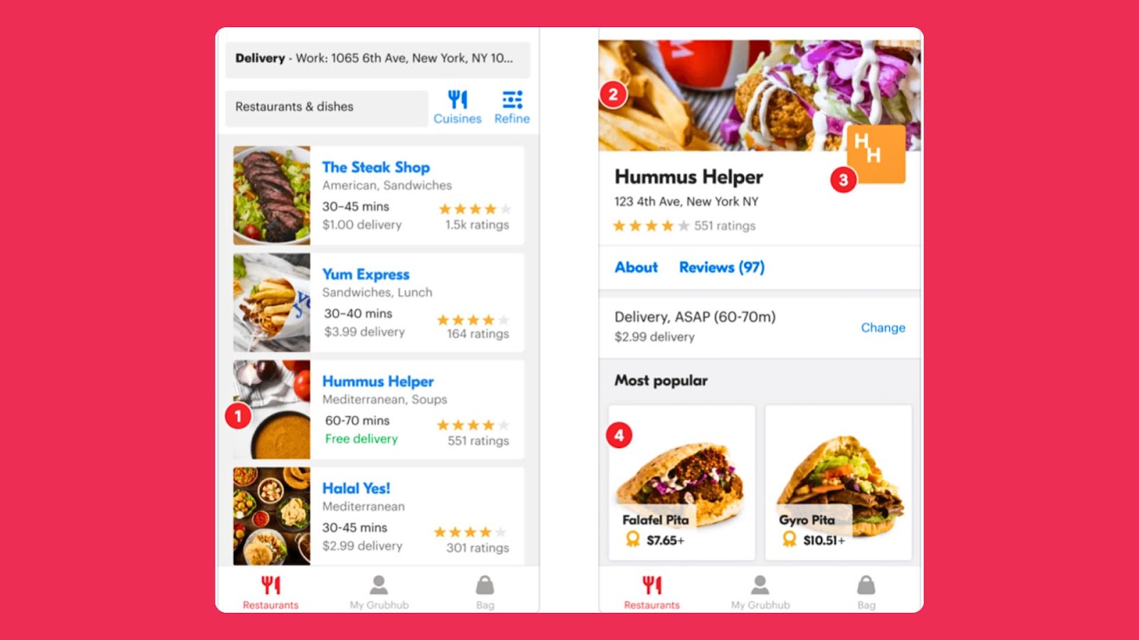 Screenshot of a Grubhub app interface showcasing restaurant options such as 