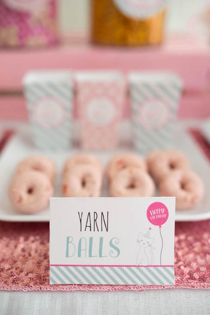 "Yarn ball" donuts from a Kitty Cat Birthday Party on Kara's Party Ideas | KarasPartyIdeas.com (26)