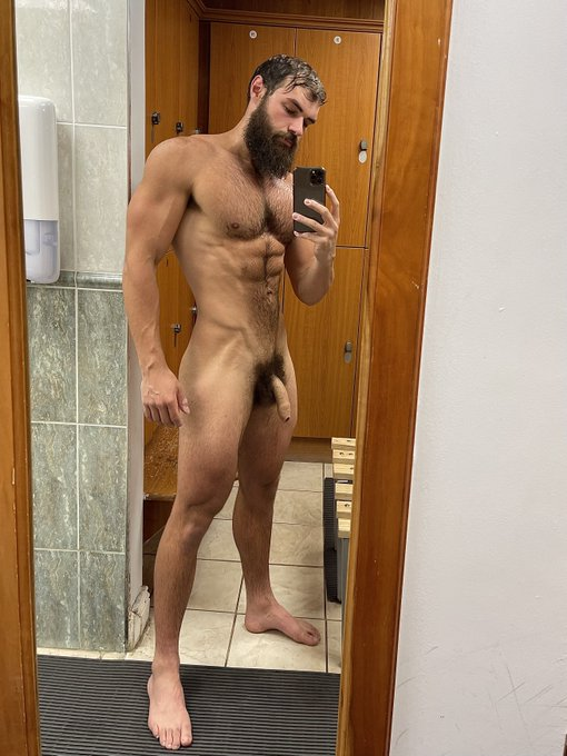 alpha bayton taking a naked gym mirror selfie and showing off his uncut cock in the mirror