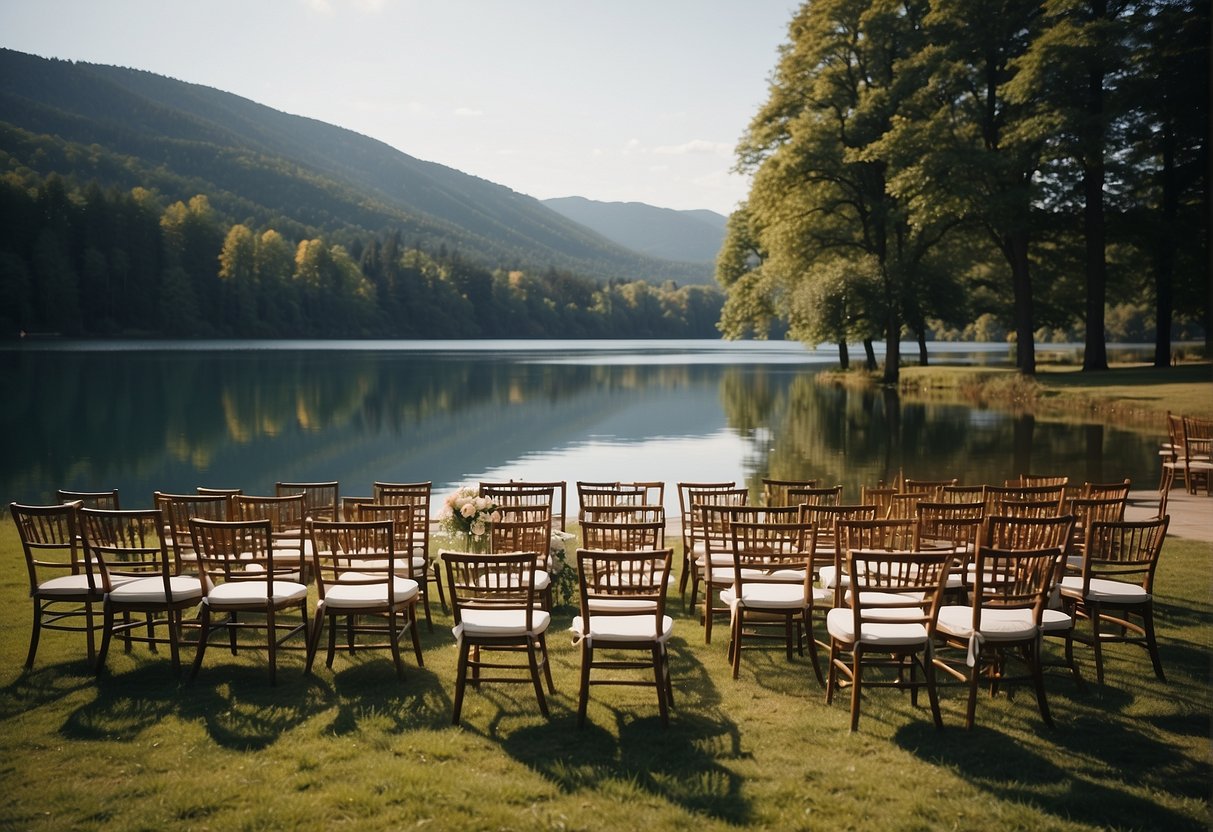A picturesque wedding venue with rows of rented chairs by a serene lake