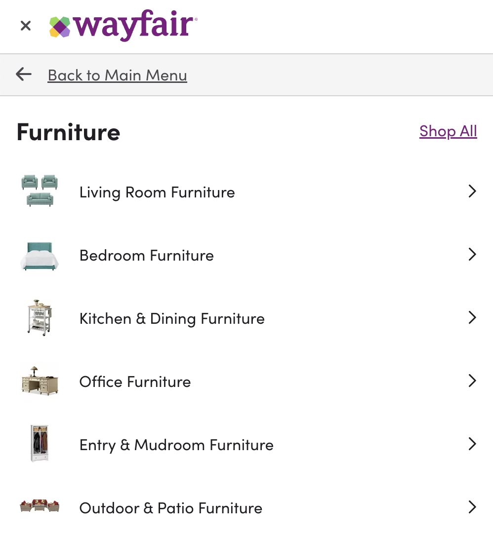 technical SEO for ecommerce: Wayfair’s drop-down navigation menu is organized into many sub-categories.