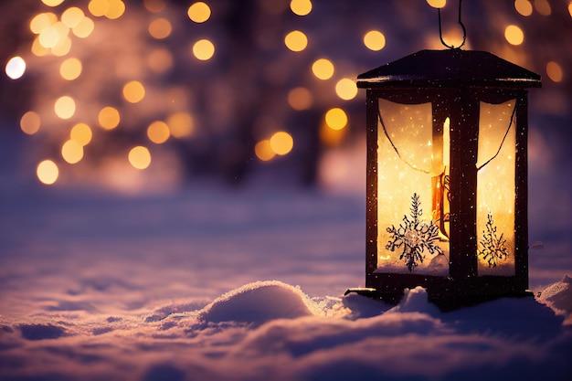 Free photo christmas lantern with fir branch and decoration on snowy table  defocused background generative ai