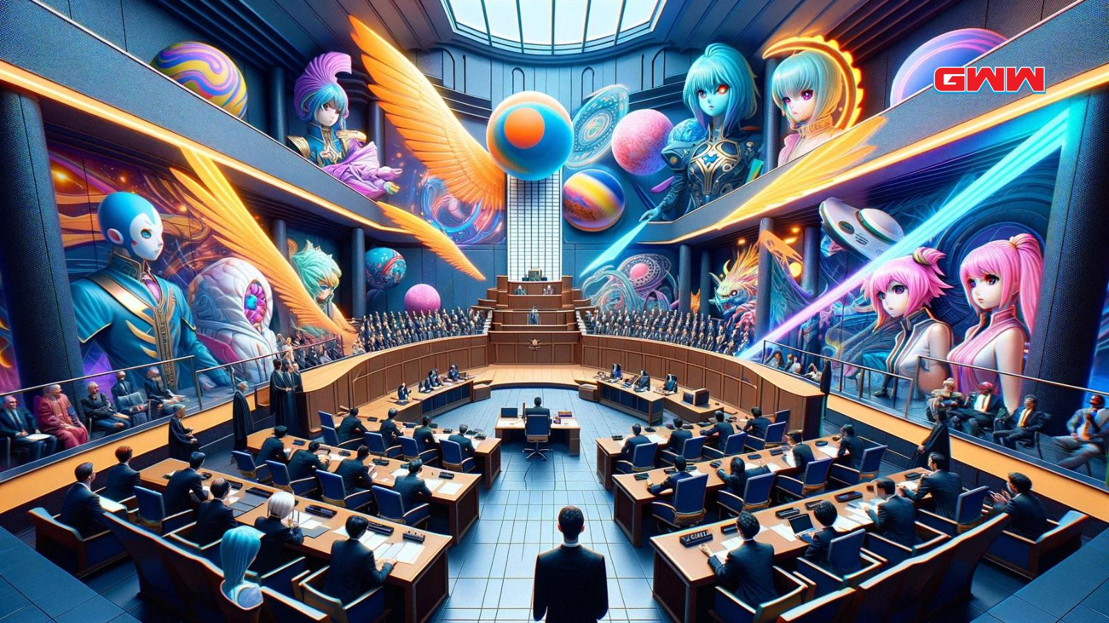 A courtroom drama themed around the legality of "Anime-Planet," styled with vibrant and exaggerated anime elements