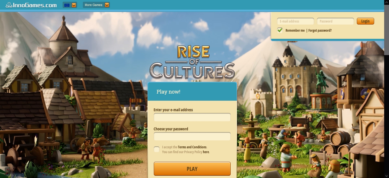 Example of a landing page (lander), based on the game “Rise of Cultures”, featuring cartoonish medieval landscape with peasants, merchants, and village buildings.