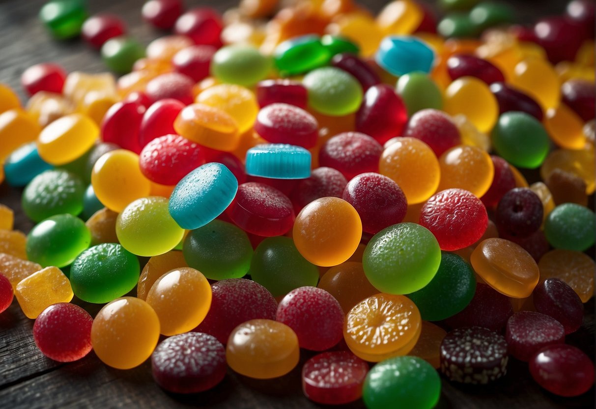 A variety of candies lay scattered on a table, showcasing different textures and consistencies - from smooth, glossy hard candies to soft, chewy gummies