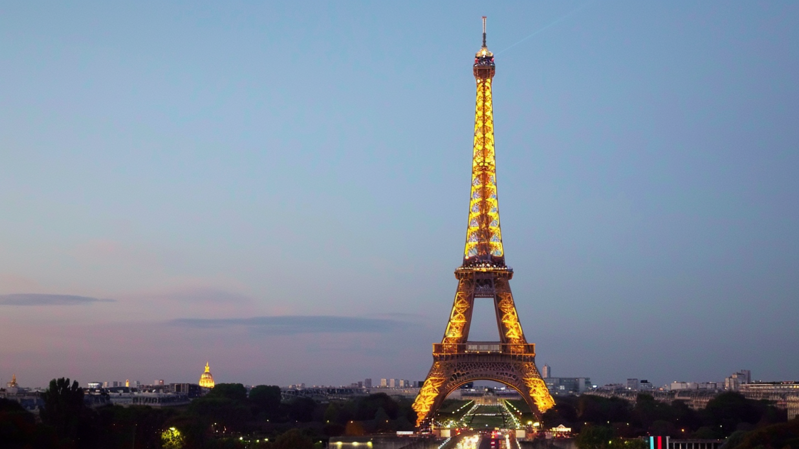 The Eiffel Tower under clear sunset skies