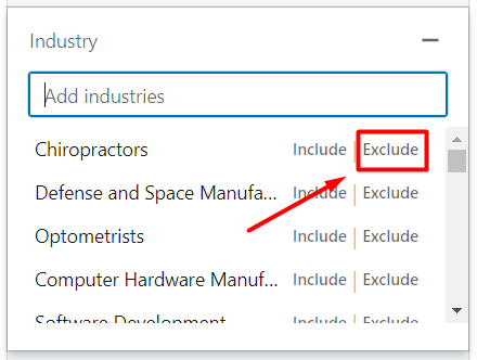 Sales navigator filters exclude option, red arrow pointing