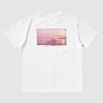 A white shirt with a pink and purple image on it

Description automatically generated