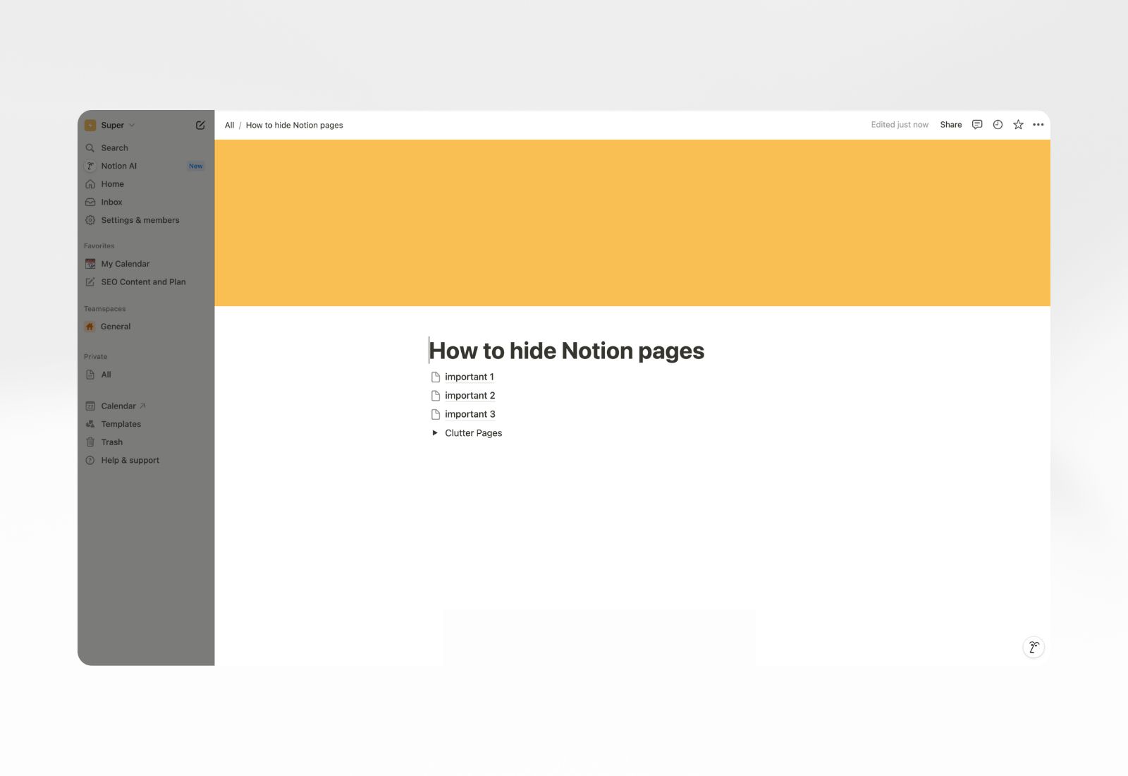 Notion pages hidden from view and sidebar