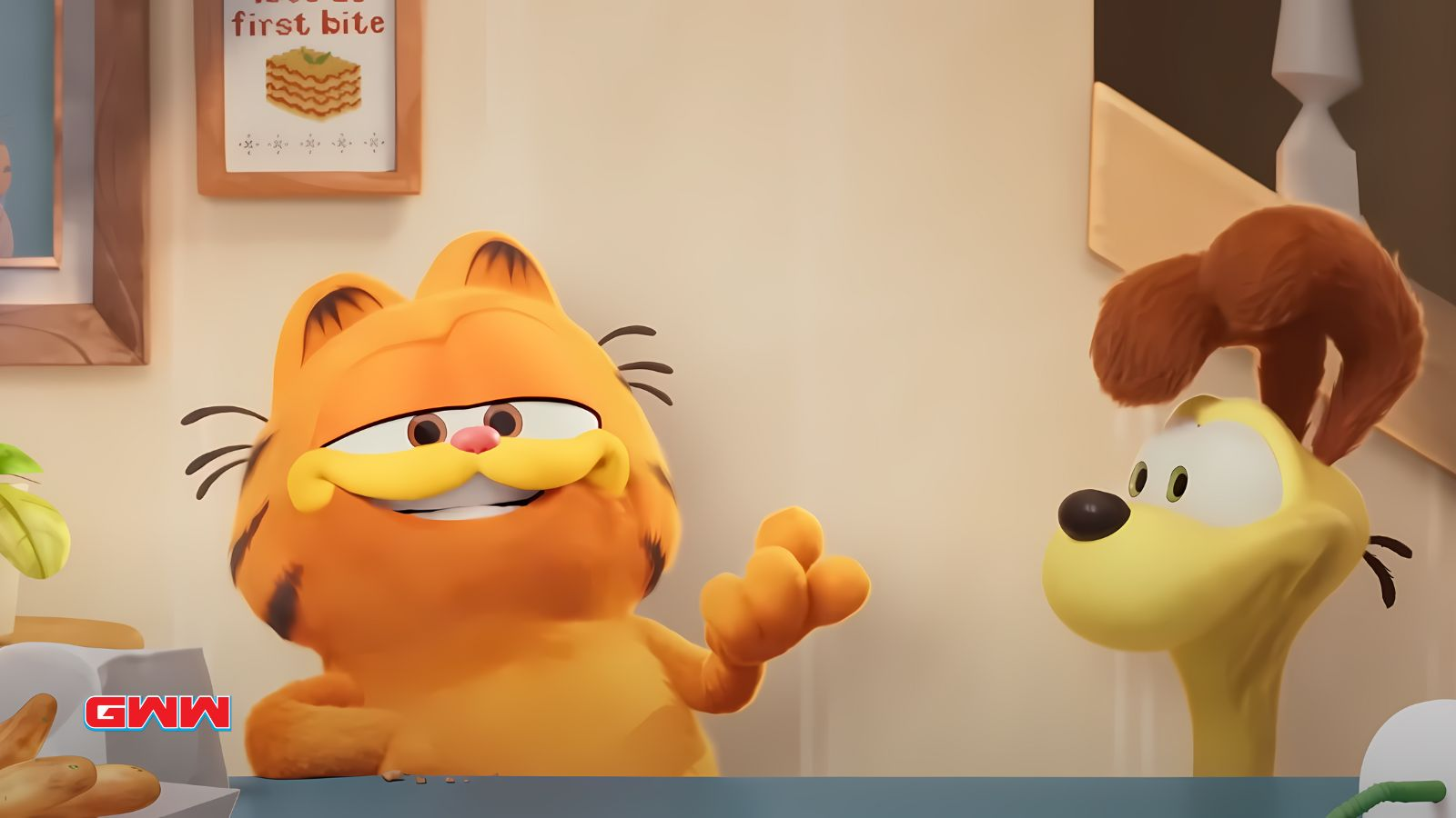 Garfield conversing with a yellow dog Odie in the kitchen.