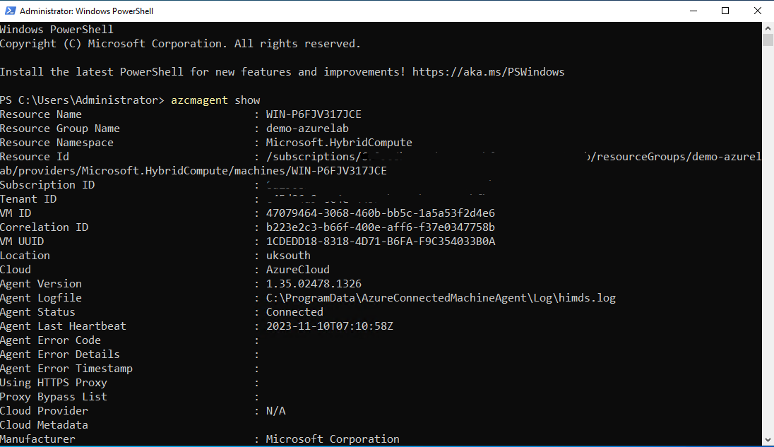 Result of the azcmagent show command to check the status of the Azure Connected Machine Agent