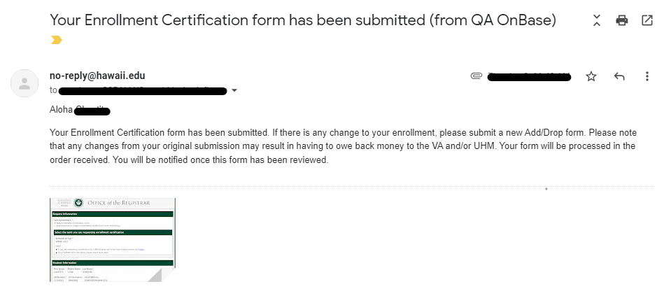 Screenshot of confirmation email