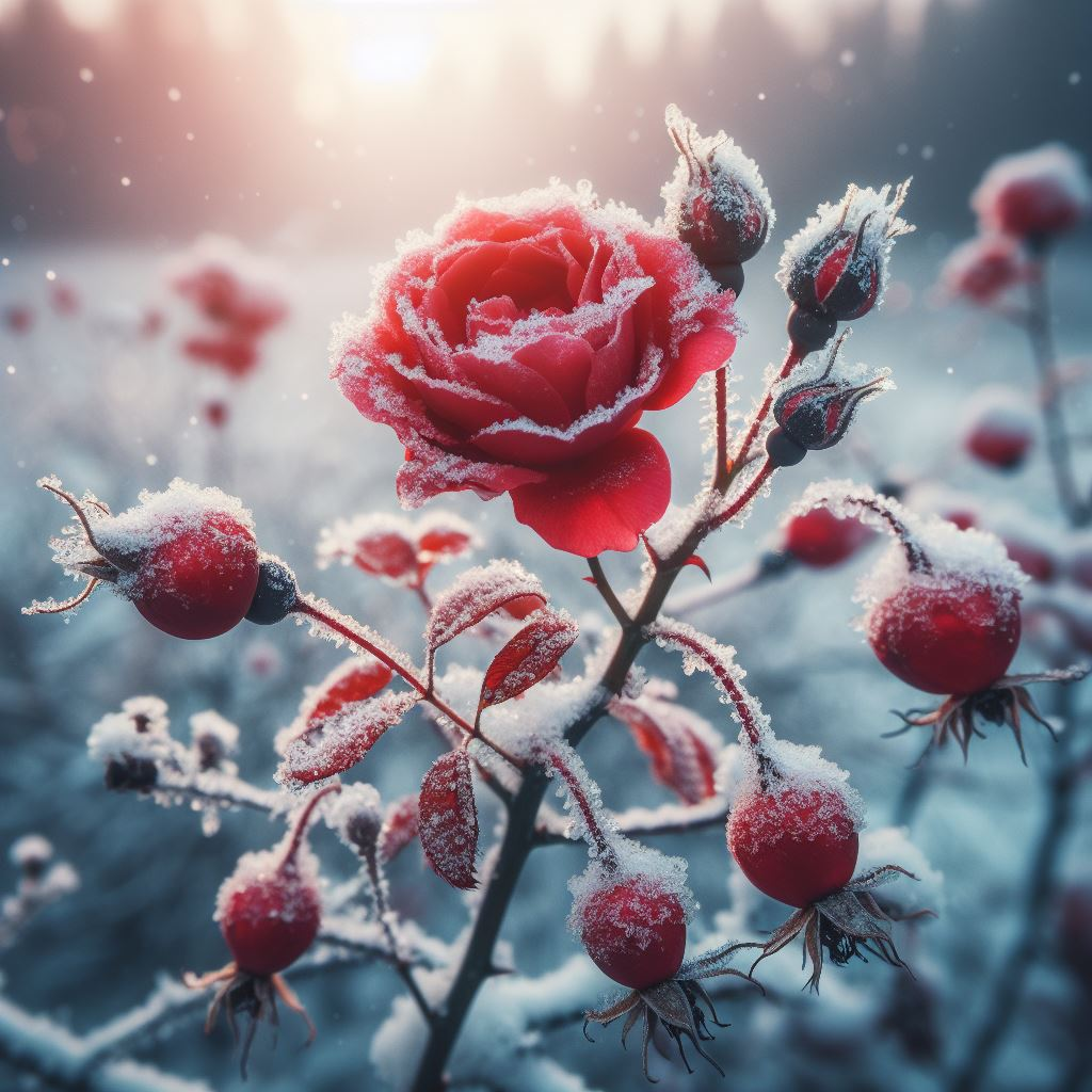 Неукрытый куст розы зимой