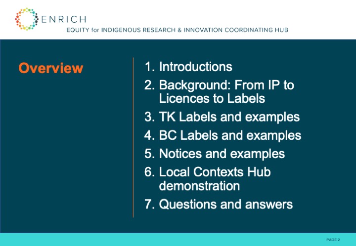 Overview: 1. Introductions. 2. Background: From IP to Licenses to Labels. 3. TK Labels and examples. 4. BC Labels and examples. 4. Notices and examples. 5. Local Contexts Hub Demonstration. 6. Questions and answers.
