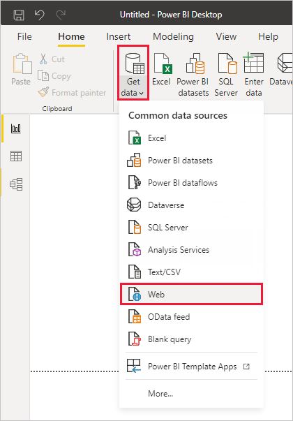 Captura de tela do Power BI Desktop mostrando a opção Web da ferramenta Obter Dados.