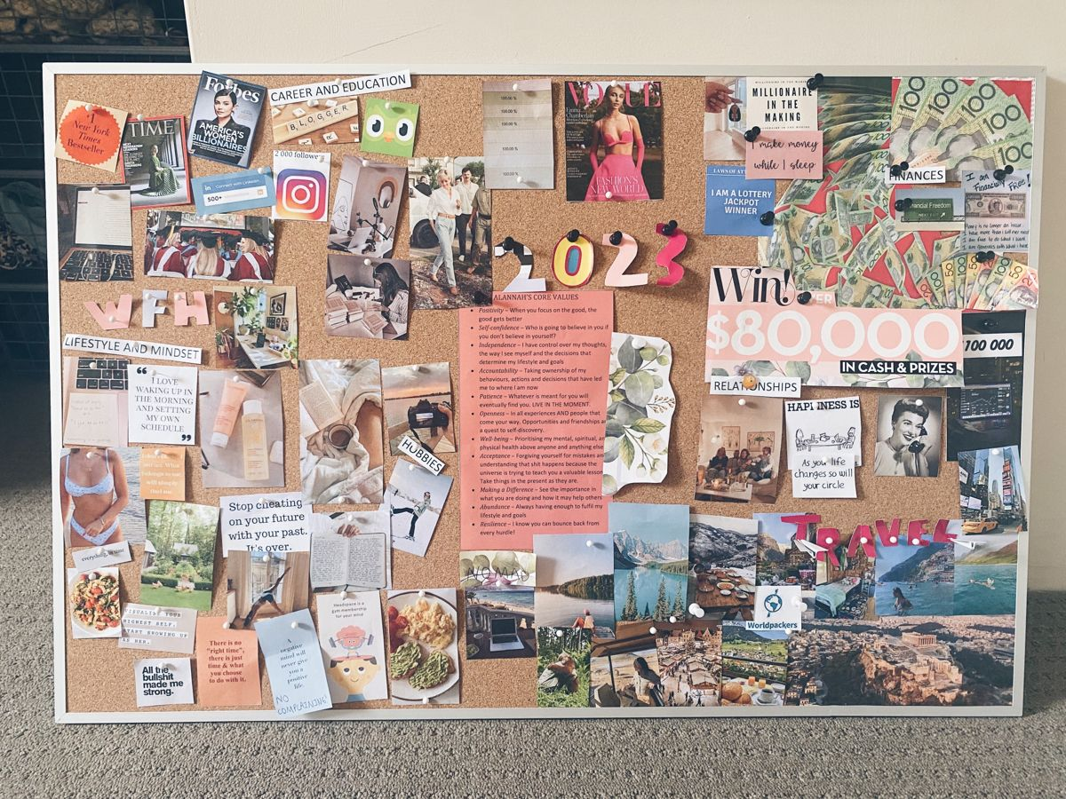 A photo of a physical vision board on Pinterest.