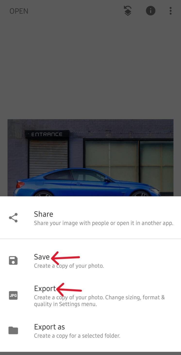 Save the edited image on Snapseed 