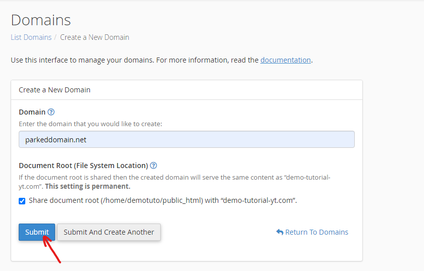 create a parked domain