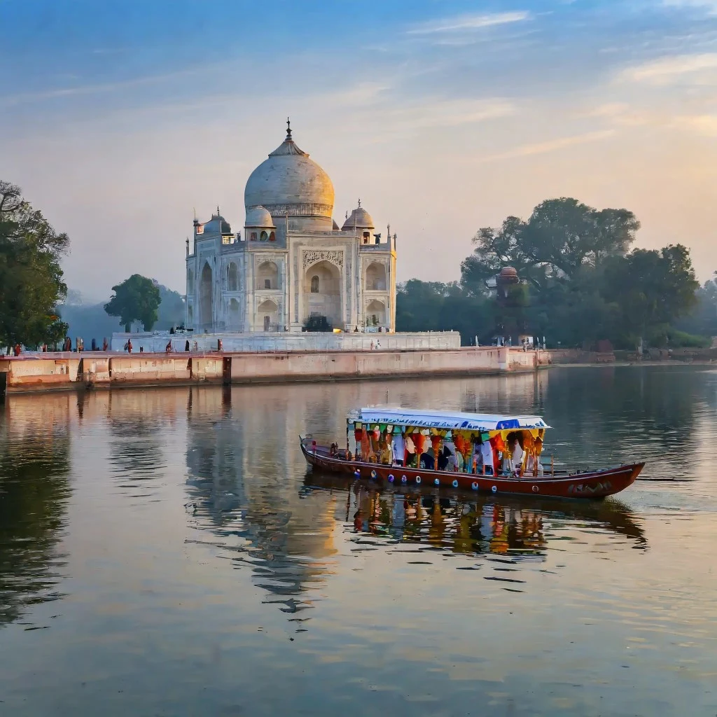 An early morning scene of a famous white marble mausoleum reflecting on the calm waters of a river. A traditional wooden boat with several passengers dressed in colorful clothing is gently gliding on the water. The atmosphere is tranquil and slightly misty, enhancing the mausoleum's majestic and ethereal appearance against the blue sky.