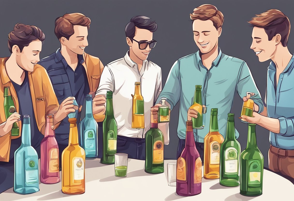 A group of friends pouring out alcohol bottles and replacing them with non-alcoholic drinks at a party
