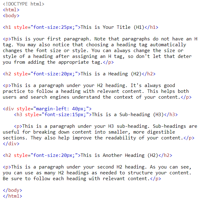sample HTML markup with heading tags