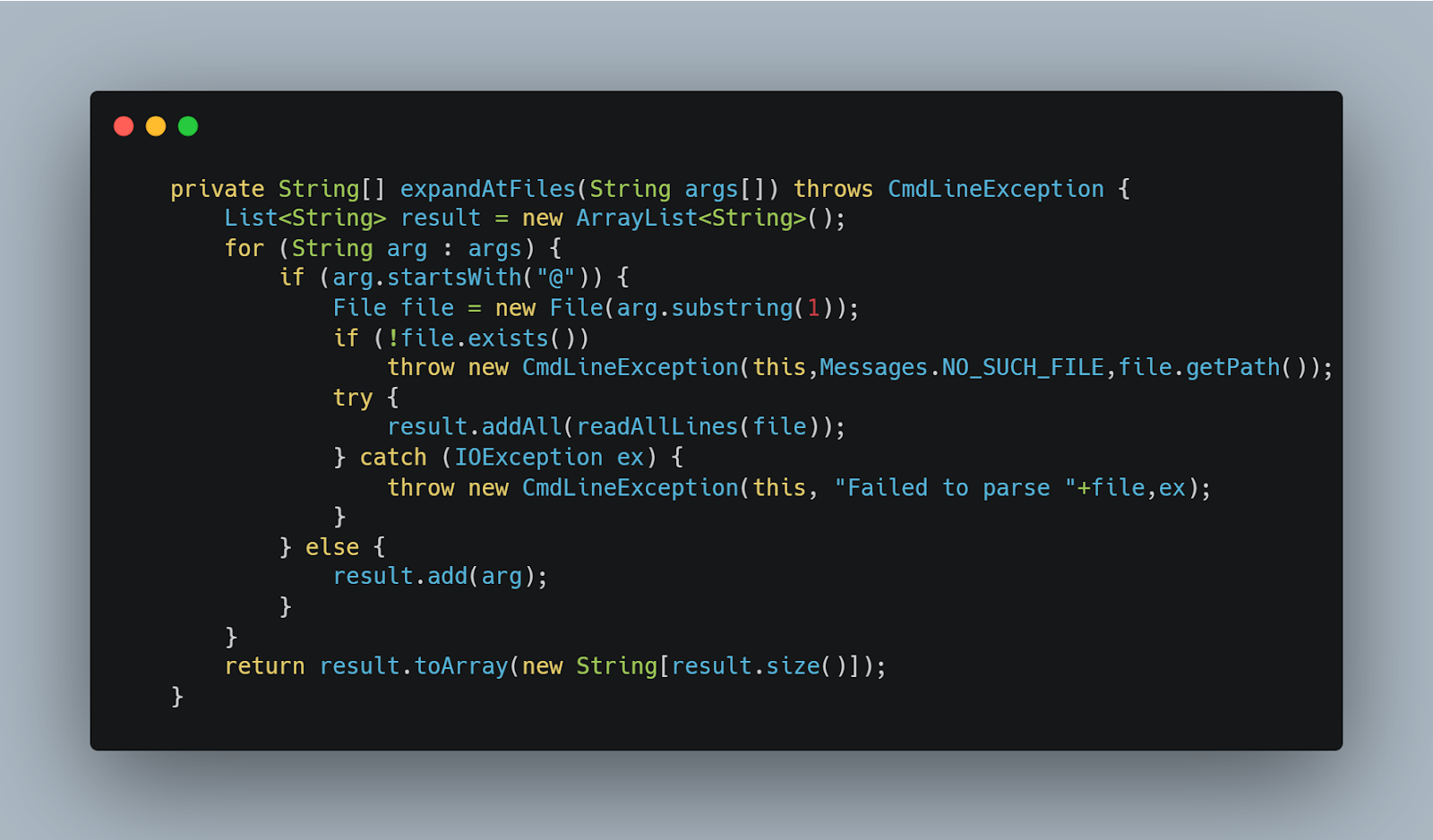 Java code snippet: expandAtFiles method handling user input with @ symbol