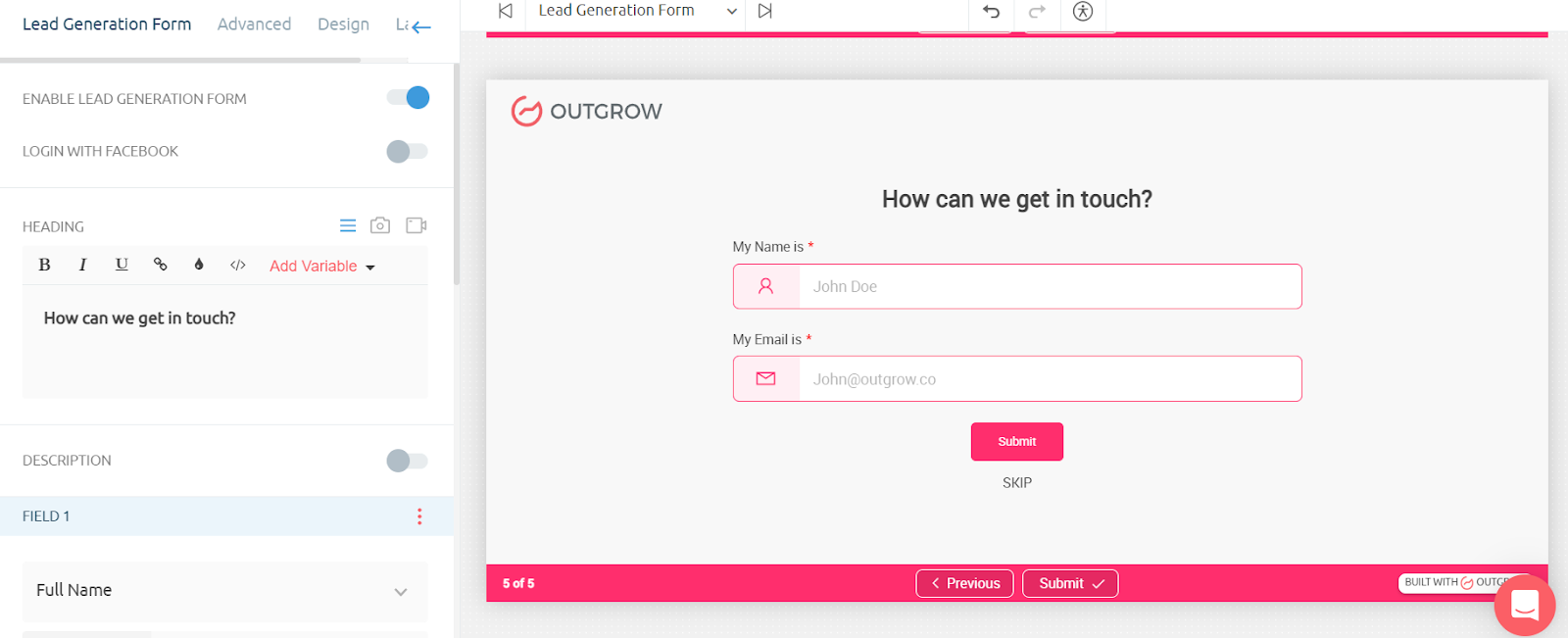 Outgrow's lead generation form