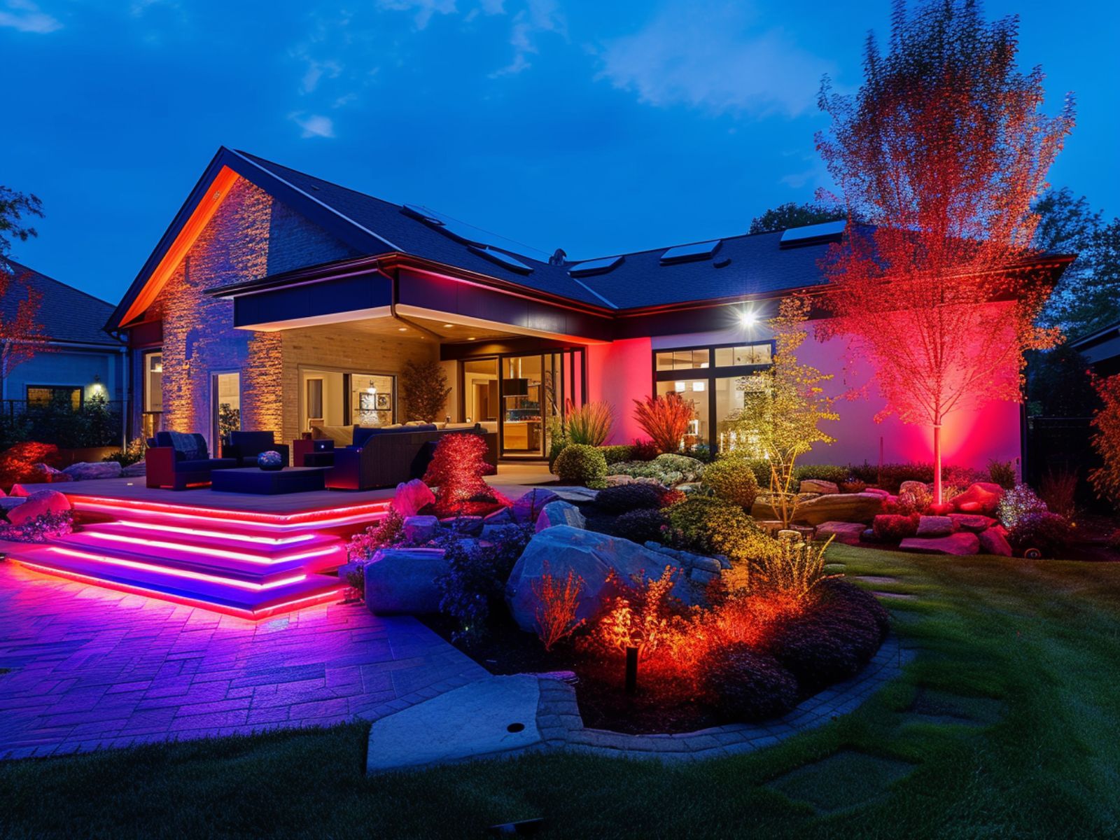 Multicolored smart landscaping lights illuminating a house's front yard