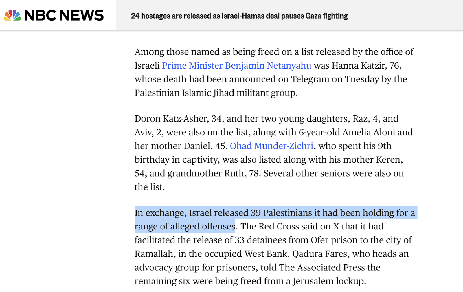 قناة NBC تؤكد أن الأسرى الفلسطينيين محتجزين بسبب ارتكابهم جرائم